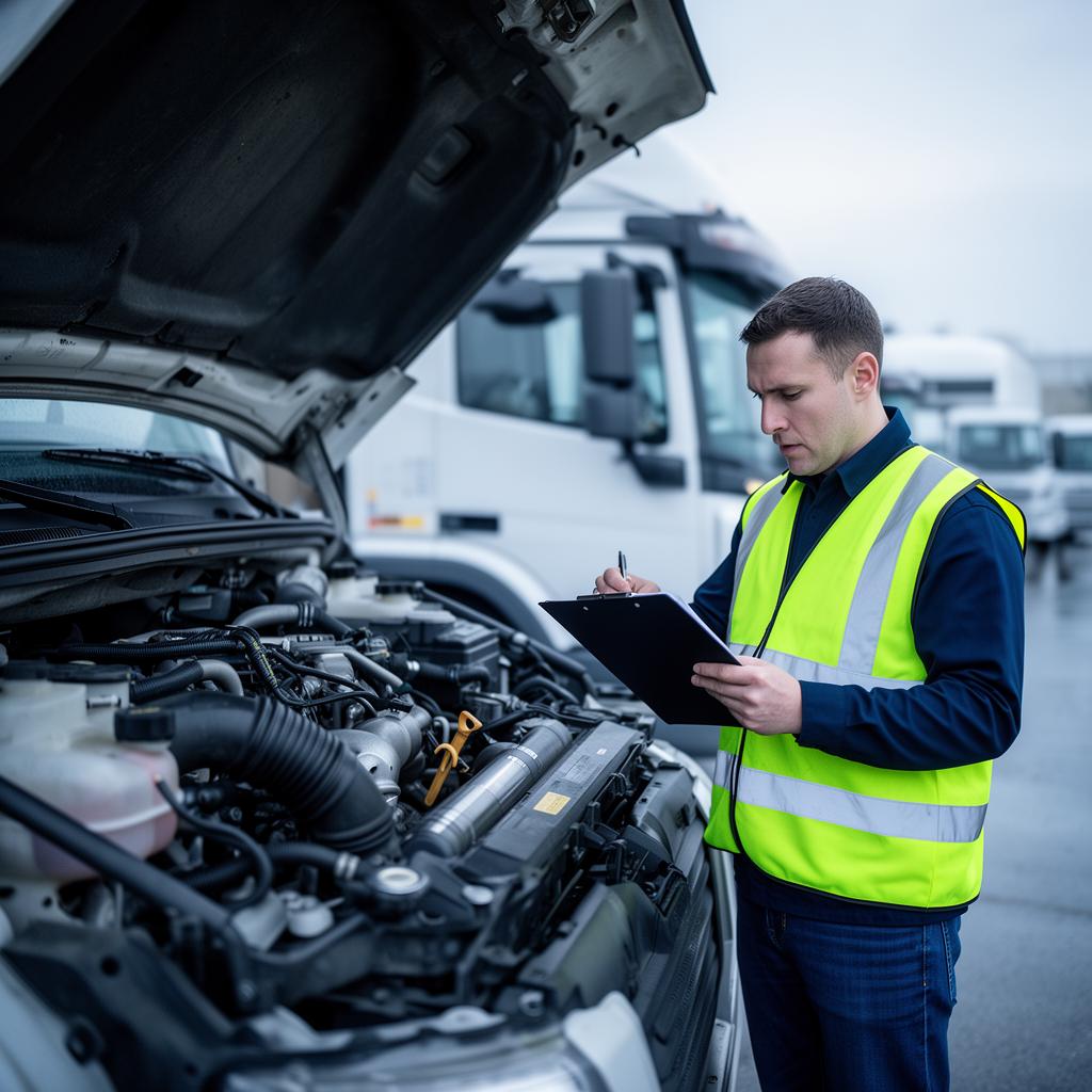 Certified Checkupmax inspector reviewing a commercial truck engine bay